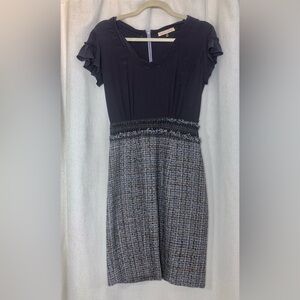Rebecca Taylor Silk Tweed Combo Shift Dress Purple Short Sleeve Fringe Trim 2